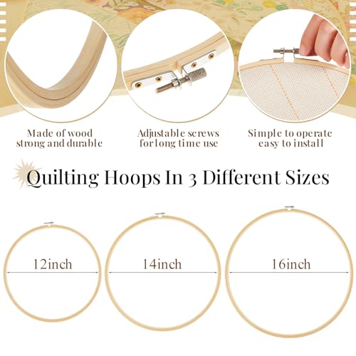 Croblissful KAO-CROBLISSFUL-0922 3 Pcs Large Wooden Quilting Hoop 12/14/16 Inch Round Large Embroidery Hoop No Slip Quilting Hoop Kit Quilting Hoops thumb #1