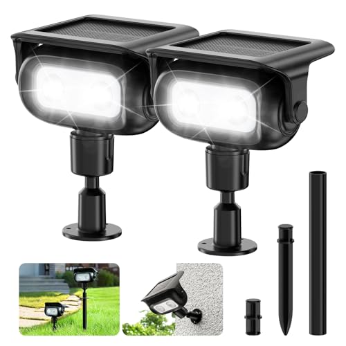 Smiling Shark ソーラースライト WS01【多角度調節可能・延長ポール付き・2WAY設置】高輝度ソーラースポットライト 高感度センサーライト 500LM 4モード切替 高耐久 HPBC高効率セル IP65防水 1200mAh 10時間連続点灯 取り付け簡単 地置き&壁掛け 屋外照明 外灯 ガーデン/駐車場/玄関/ベランダ 防犯対策 (2個入り, 白光)