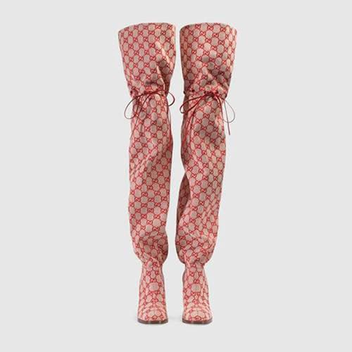 Over The Knee Boots Women,All-Match Round Head Slim High Heel Printing Fashion Long Boots Strappy Lace Up Party Casual,Pink-362