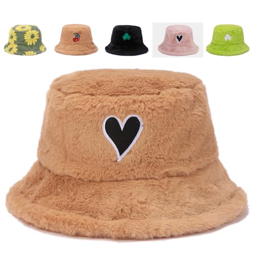 Image of Bucket Hat Women Furry Fuzzy Bucket Hats for Ladies, Winter Warm Fluffy Plush Faux Fur Hat for Women