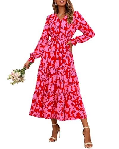 BTFBM Women Spring Dresses 2025 Casual Long Sleeve V Neck Maxi Dresses Floral Boho Long Dress Wedding Guest Dress(Red Rose Red Flower,XX-Large)