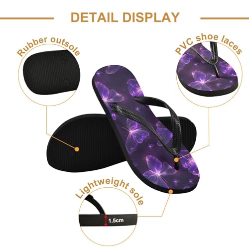 ALAZA Glowing Purple Butterfly Flip Flops for Women Fashion Beach Slippers Comfort Mens Flip Flops Non-Slip Rubber Shower Slippers Sandal for Hotel Travel Sport,XS3