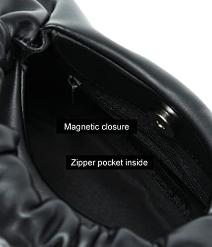 Pettata Chic Top Handle Bag For Women Small Ruched Hobo Handbag Black Soft Faux Leather Tote Bags Purse #TOP5