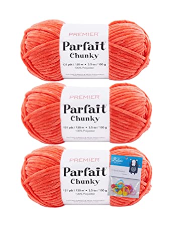 Image of Premier Yarns Parfait Chunky Chenille Yarn 3.5 Oz 6 Super Bulky Weight 3 Pack Bundle with Bella's Stitch Place Holders (Mango)