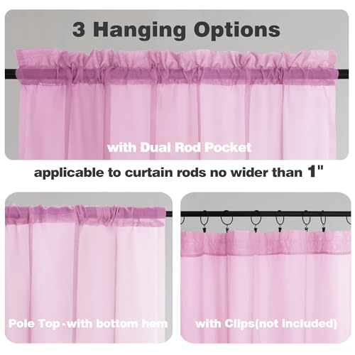 Image of Chyhomenyc Pink Sheer Curtains 45 Inch Long 2 Panels, Light Filtering Rod Pocket Voile Short Curtains Drapes for Bedroom Small Windows, 42Wx45L Inches
