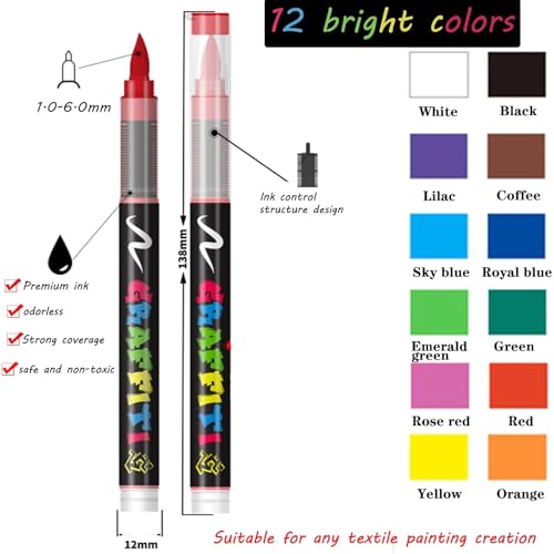 Image of Wafeeq Acrylic Paint Pens Set, Colors Acrylic Brush Markers, 1-5mm Medium Tip, Water-Based & Non-Toxic, Permanent on Rock, Wood, Canvas, Glass, Ceramic & Paper (12)