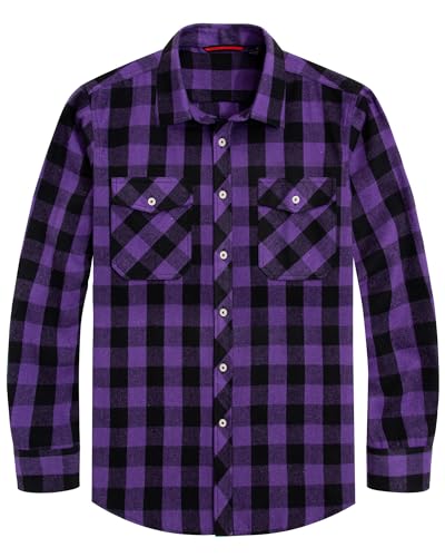 J.VER Checked Shirt Mens Flannel Cotton Lumberjack Long Sleeve Button Down Regular Fit Work Winter Warm Shirt Purple M