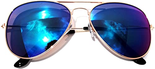 Classic Aviator Sunglasses Metal Frame Gold Color Full Mirror Blue-Green Lens