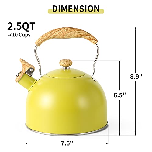 Lonffery Tea Kettle, 2.5 Quart Whistling Tea Kettle, Tea Pots For Stove Top Food Grade Stainless Steel With Wood Pattern Folding Handle - Yellow-Green #TOP6