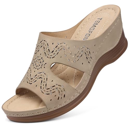 Image of TEMOFON Women Wedge Sandals Dressy: Comfortable Lightweight Summer Shoes | Low Wedge Heel - Fit Wide Feet - Comfy Stylish Slip on Sandals Size 5-11