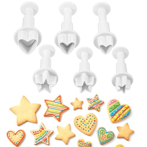 6Pcs Star Small Fondant Plunger Cutter Set Fondant Cake Cookie Plunger Cutter Mini Plastic Biscuit Molds for Cake Decorating Baking Fondants and DIY Crafts