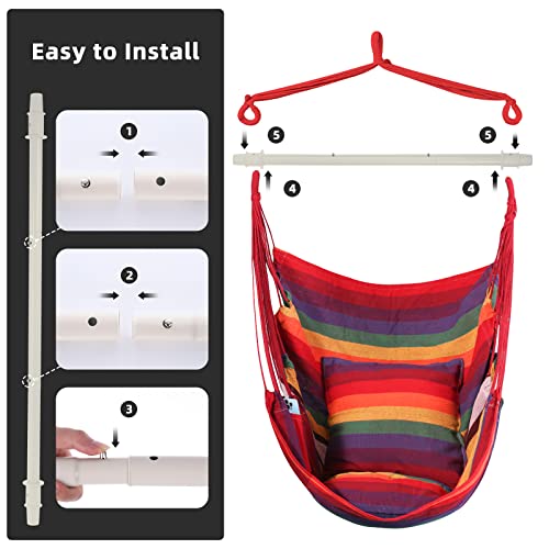 Goutime Hammock Chair Swing with 2 Seat Cushions Pillows, Hanging Chair with Detachable Metal Support Bar, Swing Chair with Carry Bag, Hanging Chair for Bedroom, Outdoor Chair(Rainbow) by GOUTIME - Image 5
