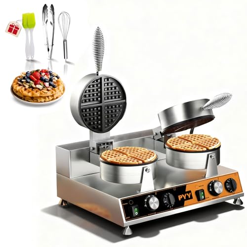 Image of PYY Commercial Waffle Maker - Double Waffle Maker, Non-stick Electric Chaffle Maker for Restaurant Party Food Stall, Large, Stainless Steel