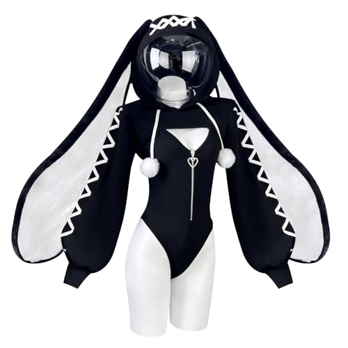 KORURACLUB Cosplay Sexy Bunny Outfit (3-teiliges Set) Maid Cosplay Dessous Tierkostüme Bunny Bodysuit(Großohrkaninchen Schwarz, L-XL)