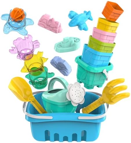 Splash & Sand Adventure Set – Beach Toys for Toddlers with 18 Pcs Stacking Cups, Watering Can, Bucket, Shovels, Rake, Toy Car Sand Moulds & Storage Basket, Summer Toys for Kids Ages 1+