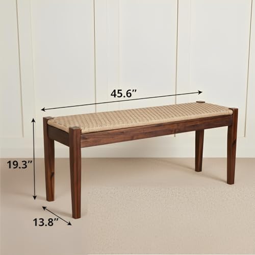 Image of Vintage Entryway Bench, 45 inch Acacia Wood Bench with Woven Rope Seat, Wicker Bench Indoor for Hallway, End of Bed, Rustic Farmhouse Boho Style, Rope Dining Bench (Dark Brown)