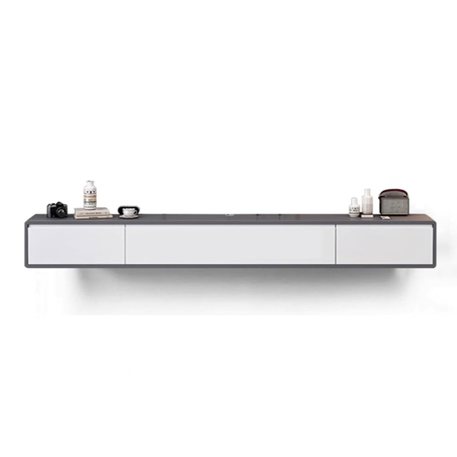 Meuble TV flottant pour gagner de l'espace console murale bois gris rangement salon