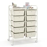 Giantex 10 Drawers Rolling Cart, Classroom Organizers, Storage Cart with Wheels, for Teacher Office Home School Supplies Tool Craft Art Paper, Ivory Color