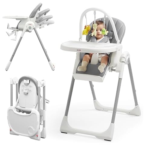 KÜB 3-in-1 Foldable Baby High Chair, 7 Height & 4 Recline Adjustable, Removable Seat & Tray for Easy Clean, 2 Locking Wheels, Multifunctional Infant Highchair for Babies & Toddlers (Grey, with Toys) Cover