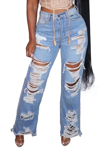 Famnbro Womens Ripped Jeans Y2K High Waisted Distressed Straight Wide Leg Boyfriend Denim Baggy Jeans