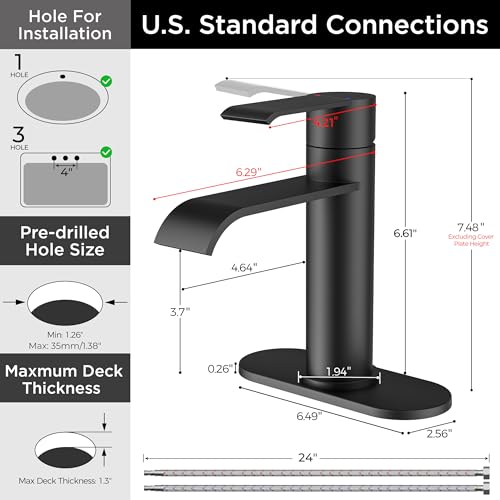 FORIOUS Waterfall Bathroom Faucet Single Hole Matte Black | Single Hole Bathroom Sink Faucet Matte Black, Single Handle Rv Faucet Bathroom for Sink with Deck Plate and Pop-up Drain - image 7