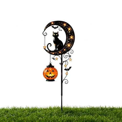 Solar Halloween Black Cat & Pumpkin Moon Garden Stake Light Outdoor Waterproof LED Yard Decoration with Crescent Moon Hanging Jack-o-Lantern Lantern for Garden Patio Walkway Porch-Style B