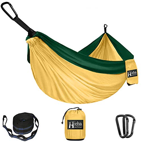 Hieha Camping Hammock - Single Parachute Hammock (2 Tree Straps & D-Shaped Carabiners 5+1 Loops/13ft Included) Lightweight Nylon Portable Hammock for Hiking, Travel, Backpacking, Beach, Yard Gear