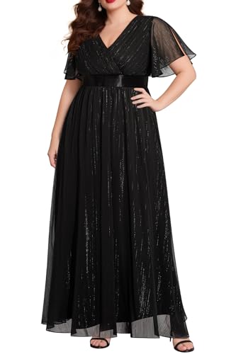 Plus Size Formal Dress - Chiffon V Neck Bridesmaid Wedding Guest Party Short Sleeve A-Line Floor Length Dresses