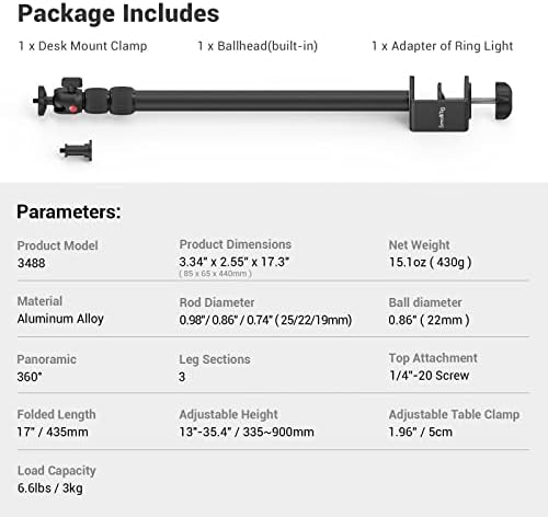 SmallRig Selection Camera Desk Mount Table Stand, Adjustable Light Stand 13"-35", Tabletop C Clamp for DSLR Camera, Ring Light, Live Streaming, Photo Video Shooting (1 PC)