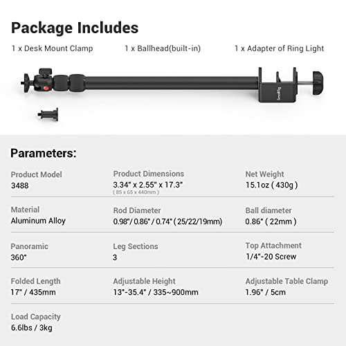 SMALLRIG Kamera Light Stand Tischstativ Lichtstativ mit 1/4\-20 Kugelkopf, 13\-35,4\ verstellbares Tablet Halterung, Klemme für DSLR Kamera, Ringlicht, Live Streaming, Video Aufnahmen - 3488