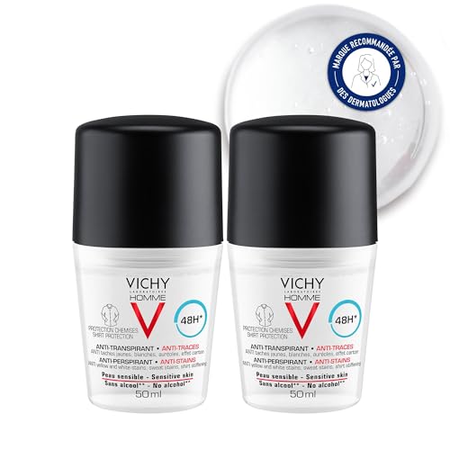 Vichy Homme, Déodorant Anti-Transpirant 48H, Roll-on, Anti-Traces, Sans Alcool, Hypoallergénique, Tous Types de Peau, 2 x 50ml