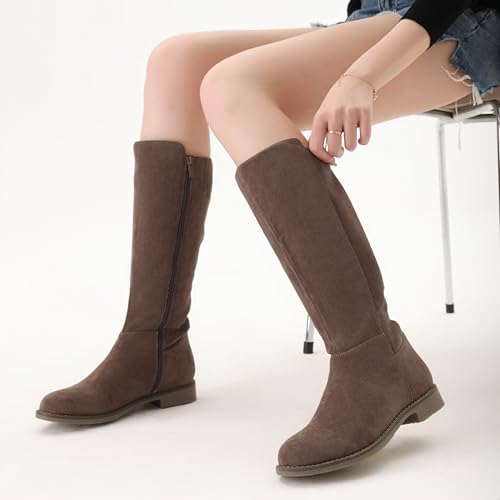 Image of Shoe'N Tale Women's Knee High Boots Flat Low Heel Stretchy Round Toe with Side Zipper