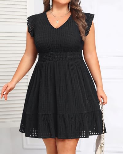Women's Plus Size Cocktail Dress - Semi Formal V-Neck Flutter Sleeves A-Line Wedding Guest Short Dress with Pockets2