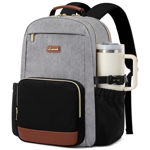 Image of LOVEVOOK Laptop Backpack for Women with Pouch Pocket for Large Capacity Cup,18 Inch Teacher Nurse College Work Backpack Purse,Waterproof Laptop Bag Computer Back Pack for Travel, Grey-Black-Brown