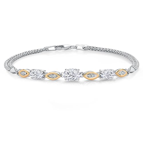 Gem Stone King 925 Silver and 10K Yellow Gold White Moissanite and White Lab Grown Diamond Bracelet For Women (1.96 Cttw, Gemstone, Oval, Wheat Chain, 6.5/7/7.5 Inches)