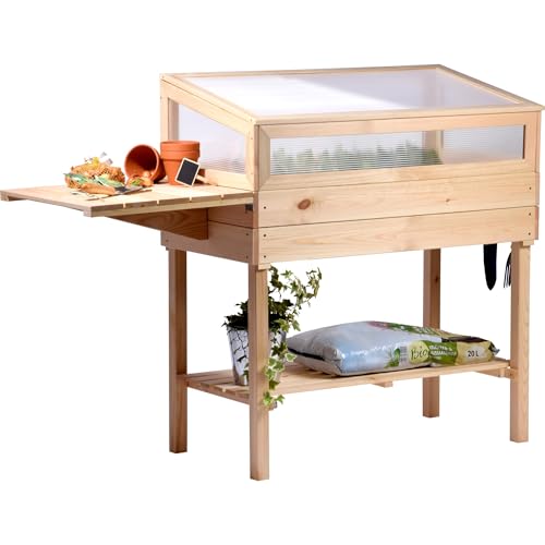 dobar® 58395e - Marco frigorífico Elevado de Madera Maciza, tamaño L, Cama elevada con fijación para Marco frío, Marco frío con Estante y Mesa Plegable, Maceta con Invernadero, 150 x 50 x 107 cm,