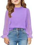 Haloumoning Girls Long Sleeve Shirts Chiffon Blouses Kids Cute Puff Sleeve Ruffle Mock Neck Casual Tops 5-14 Years Light Purple