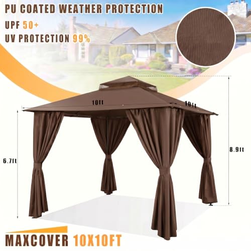 Image of COBIZI 10x10 FT Outdoor Gazebo, Soft Top Patio Gazebo with Ventilated Double-Tier Roof, Heavy-Duty Metal Frame Canopy with Removable Privacy Curtains for Backyard, Garden, Lawn, Brown