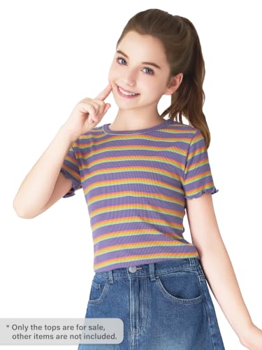 Image of Girls Striped T-Shirt Lettuce Trim Short Sleeve Top Size 6-16 | Soft stretch ribbed knit fabric, breathable blouse,summer outfit for big girls & teen, for school, party and daily activity
