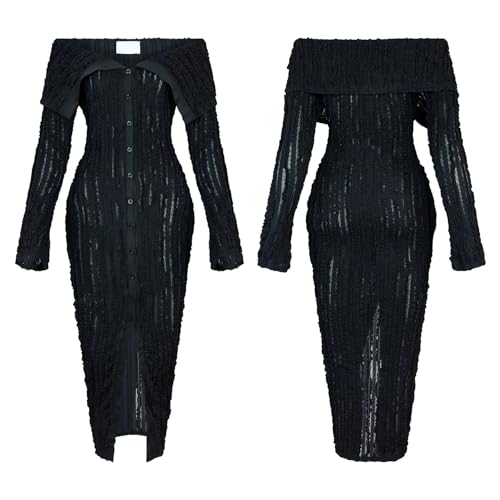 LETSVDO Women's Maxi Off Shoulder Dress Long Sleeve Button Down Ruffle Mesh Bodycon Sexy Dresses Stretchy4