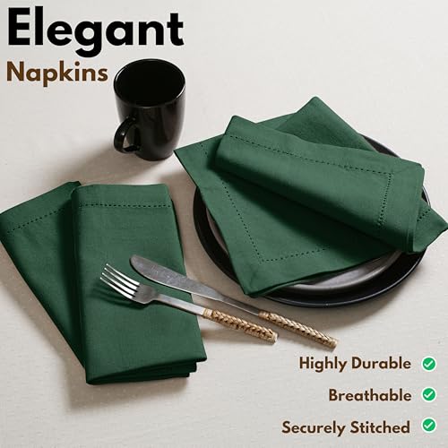 Native Fab 100% Cotton Cloth Napkins, Set of 12, Hemstitched Corners, 18x18 inch, Soft, Durable, Absorbent, Reusable, Premium Hotel Quality - Events, Lunch, Table, Dinner Napkins - Forest Green