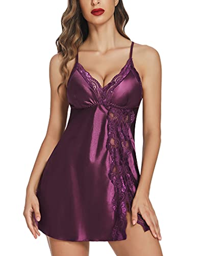 Avidlove Lingerie For Women Lace Chemise Mini Short Sexy Full Slip Sleepwear Babydoll Teddy Satin Lingerie Purple Large #TOP26