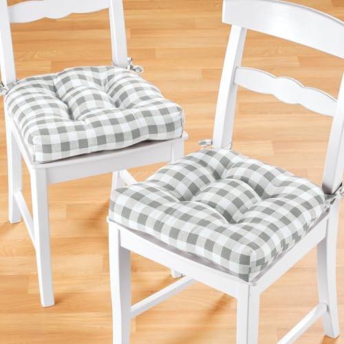 Buffalo Check Tufted Chair Seat Cushions, 2-Pack, Grey - 16\" x 15\" x 3\" - Comfortable Seat Cover Pad with Stain Repellent Fabric & Ties to Indoor & Ourdoor Chair Styles by Achim Home Decor