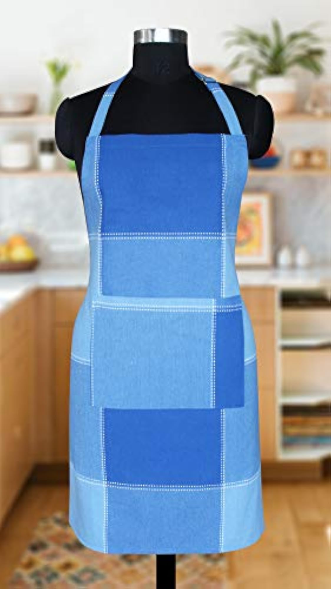 Cotton Checkered Design Apron, Blue, Pack of 1