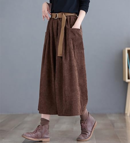 chouyatou Women's High Elastic Waisted Wide Leg Cropped Corduroy Capri Pants Culottes with Belt2