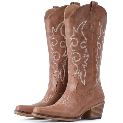 Image of IUV Cowboy Boots For Women Western Cowgirl Boots Mid Calf Snip Toe Boot With Chunky Heel