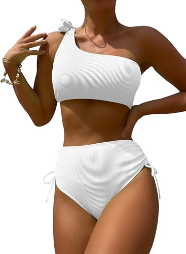 Wodecasa Women One Shoulder Bikini Set Ribbed High Waisted Coverage Swimsuit Drawstring Tie Side Two Piece Bathing Suit cover
