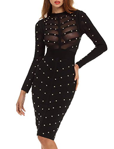 Whoinshop Damen Langarm Bodycon Kleid Studded Bandage Partykleid mit Bloßen Ineinander Greifen Schwarz S Cover