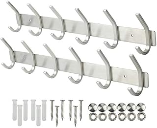 HIMREYLD Coat Hooks Wall Mounted 2 Pack 6 Hooks Heavy Duty Stainless Steel Rack for Clothes Robes Hats Towels | for Bedroom Bathroom Closet - Silver