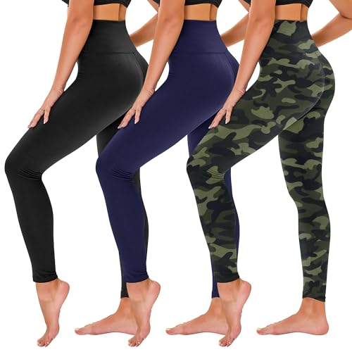 TNNZEET 3 Pack Leggings for Women - Black Tummy Control High Waisted Soft Yoga Pants for Workout Gym Running with Pockets Small-Medium Black/ Navy Blue/ Camouflage